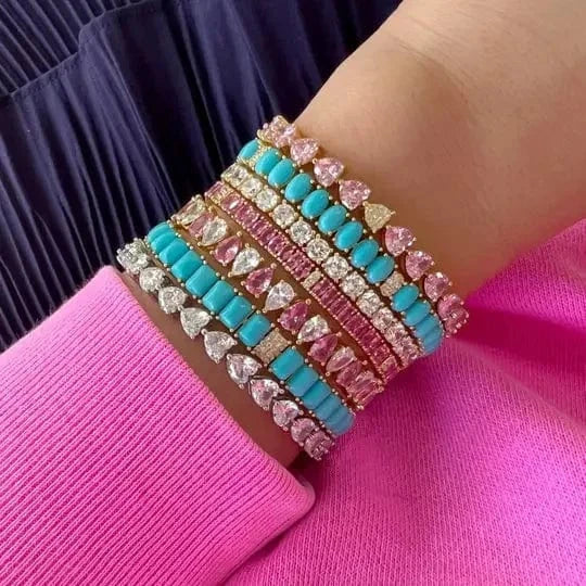 Geometric Water Drop Shaped Colorful CZ Tennis Chain Bracelet Bangle Luxury Engagement Women Jewelry