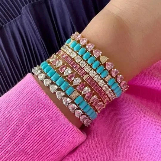 Geometric Water Drop Shaped Colorful CZ Tennis Chain Bracelet Bangle Luxury Engagement Women Jewelry