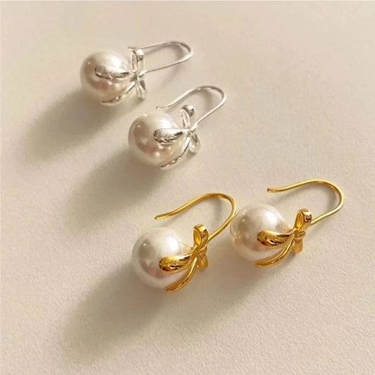 Geometric Wholesale 925 Sterling Silver Lovely Sweet Simulated Pearl Bowknot Clip Earrings