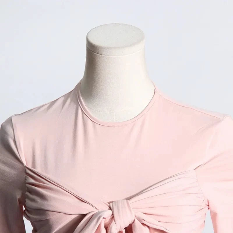 GetSpring Women Skirt Sets 2024 Spring Long Sleeve Sexy Bandage T Shirt Elastic High Waisted Wrap Hip Mini Skirt Two Pieces Sets