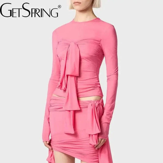 GetSpring Women Skirt Sets 2024 Spring Long Sleeve Sexy Bandage T Shirt Elastic High Waisted Wrap Hip Mini Skirt Two Pieces Sets