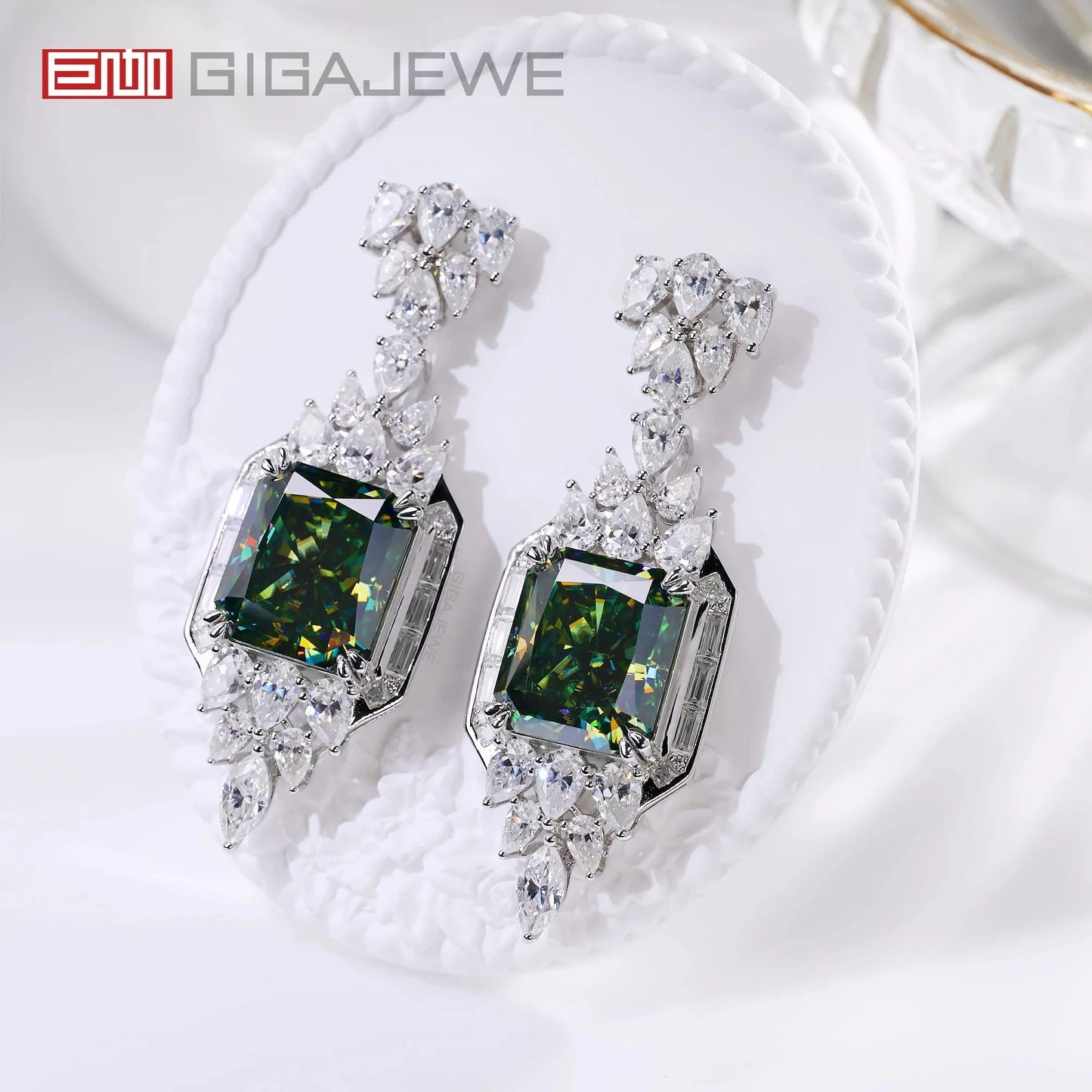 GIGAJEWE Total 53.24ct 14*16mm Cyan Radiant Cut moissanite 9k/14k/18k white gold stud earrings fine jewelry