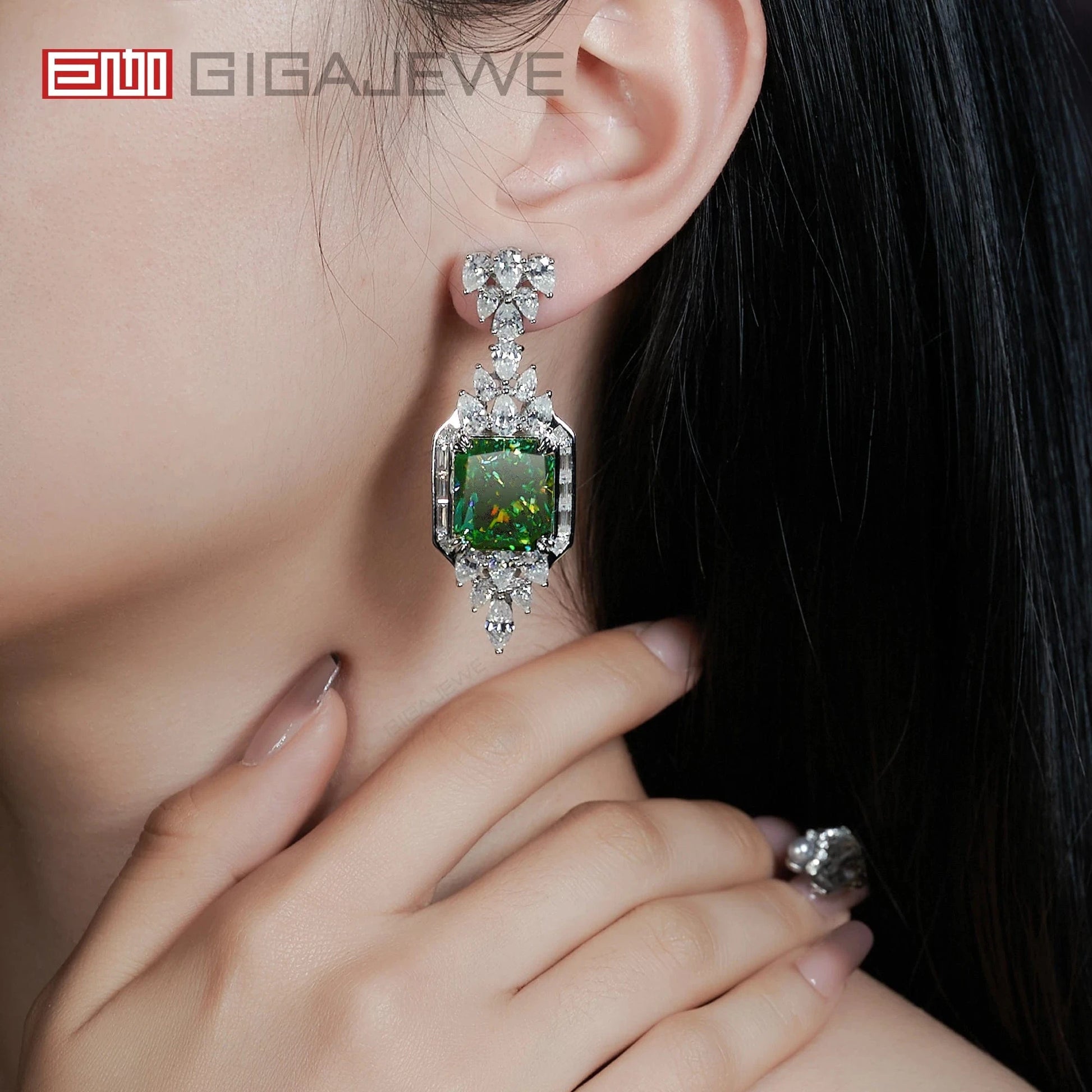 GIGAJEWE Total 53.24ct 14*16mm Cyan Radiant Cut moissanite 9k/14k/18k white gold stud earrings fine jewelry
