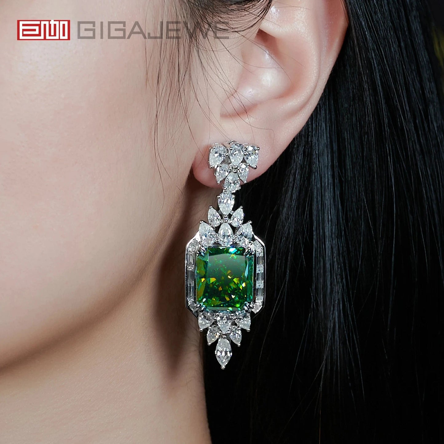 GIGAJEWE Total 53.24ct 14*16mm Cyan Radiant Cut moissanite 9k/14k/18k white gold stud earrings fine jewelry