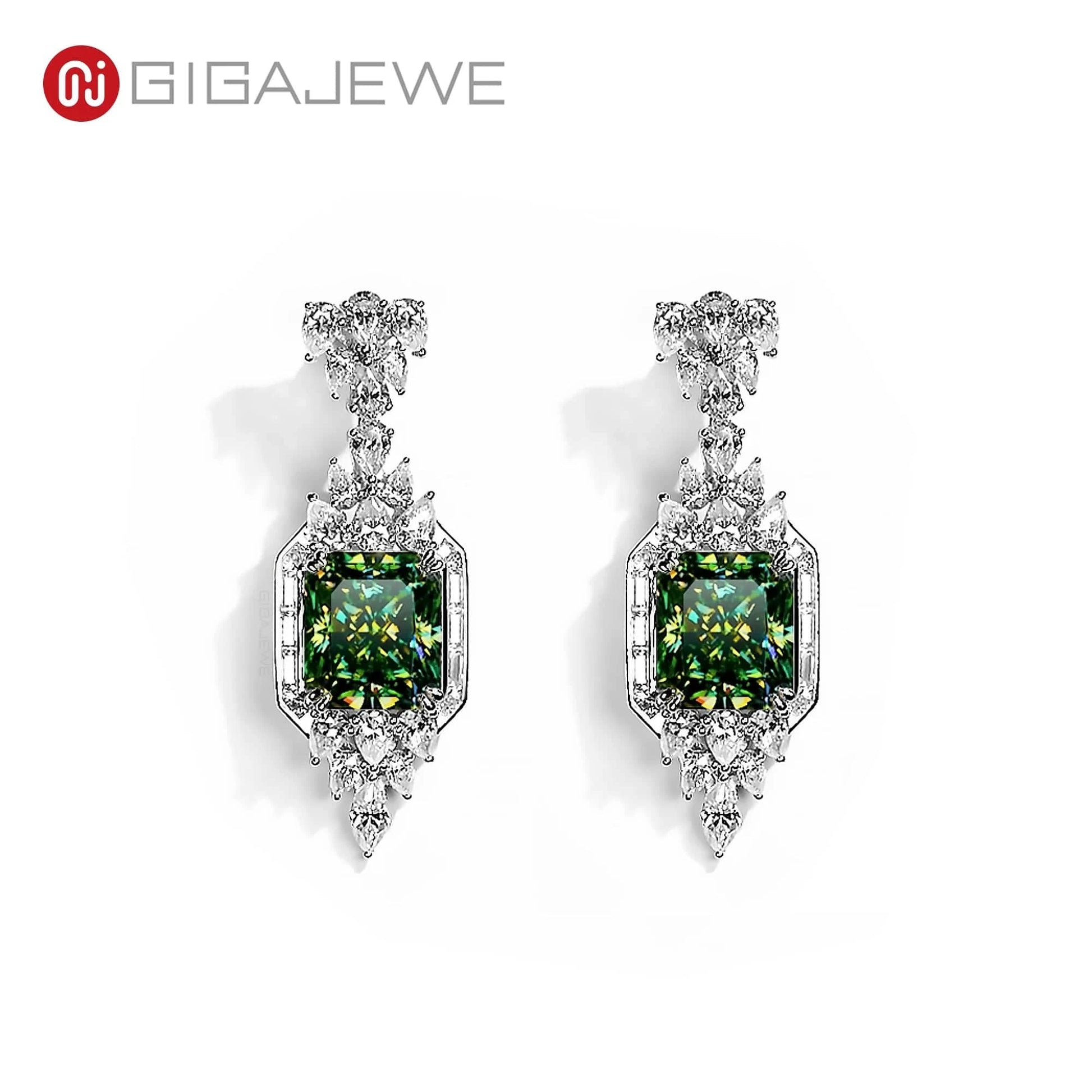 GIGAJEWE Total 53.24ct 14*16mm Cyan Radiant Cut moissanite 9k/14k/18k white gold stud earrings fine jewelry