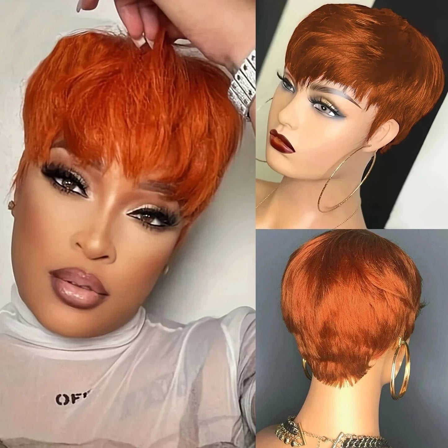Ginger Color Short Peruvian Hair Wig with Bangs Orange Color full machine made Short Pixie Cut Bob Wig 100% Human Hair Wigs
