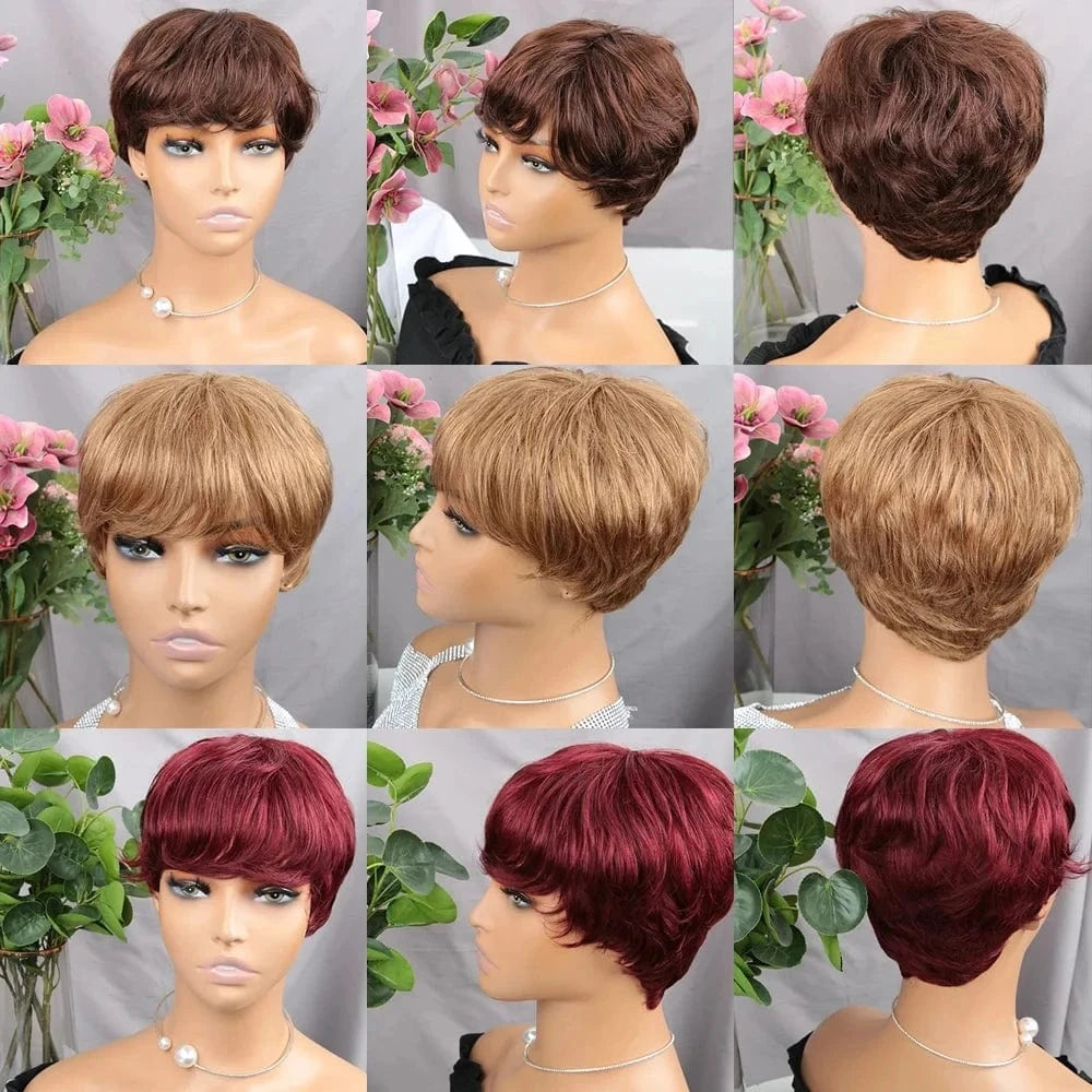 Ginger Color Short Peruvian Hair Wig with Bangs Orange Color full machine made Short Pixie Cut Bob Wig 100% Human Hair Wigs