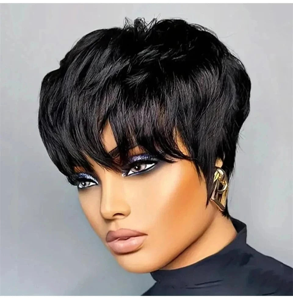 Ginger Color Short Peruvian Hair Wig with Bangs Orange Color full machine made Short Pixie Cut Bob Wig 100% Human Hair Wigs