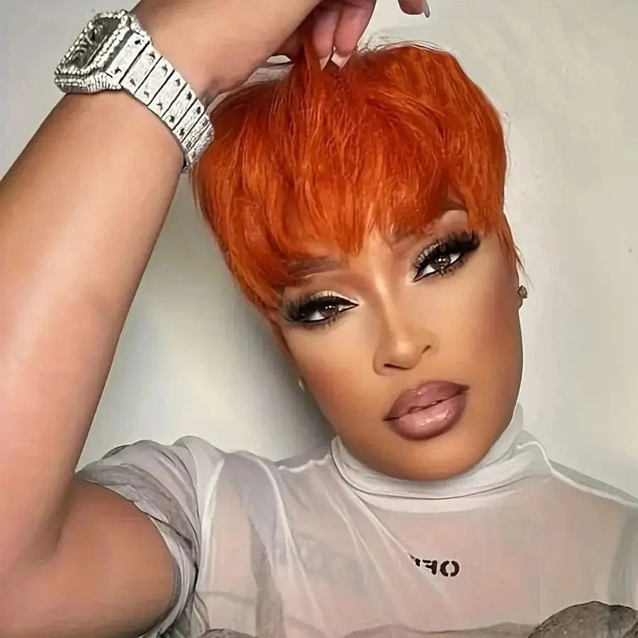 ginger orange / 6inches / 180Density Ginger Color Short Peruvian Hair Wig with Bangs Orange Color full machine made Short Pixie Cut Bob Wig 100% Human Hair Wigs