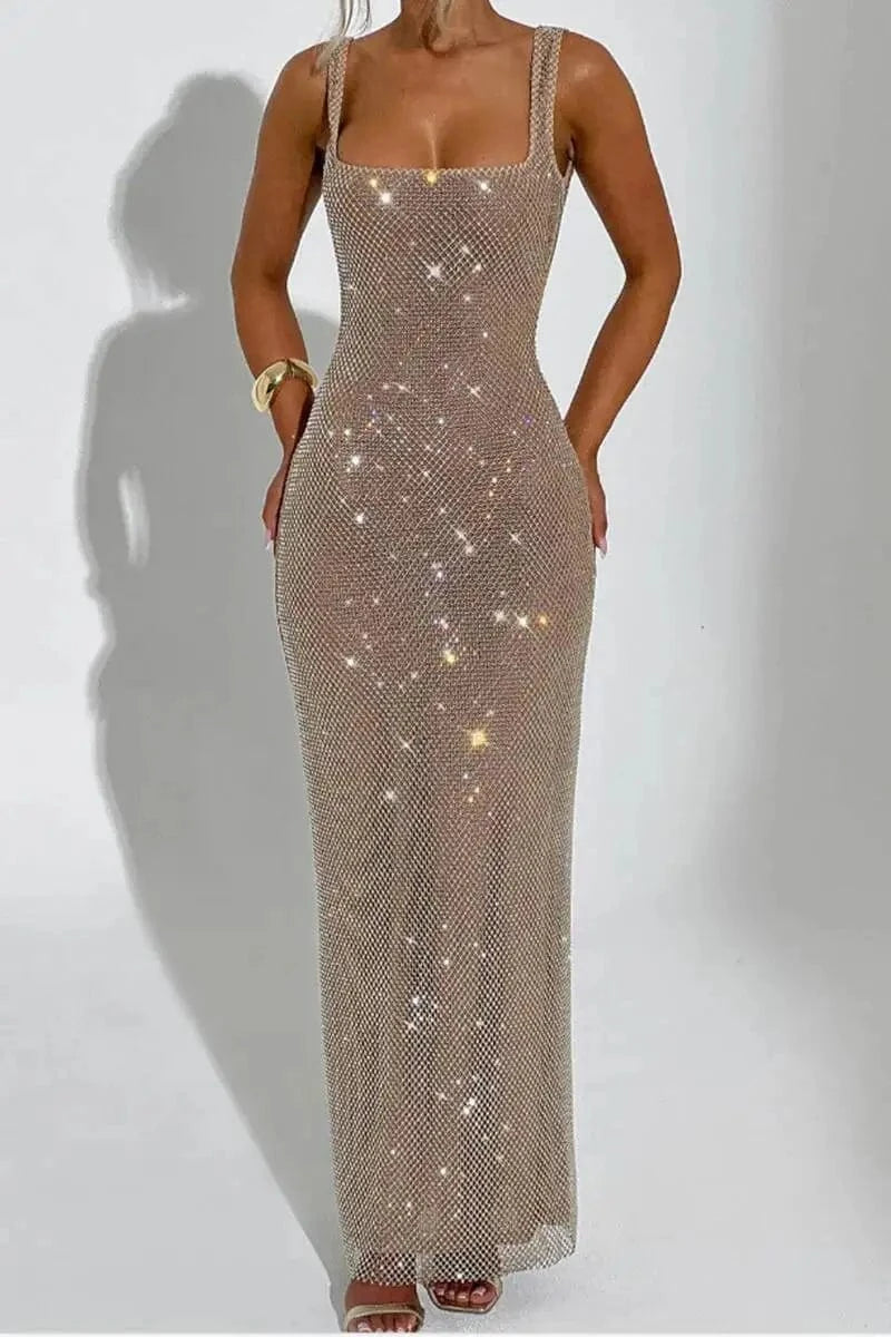 Giyu Sexy Sequined Mesh Diamond Club Evening Party Dresses Women 2025 Summer Autumn Sleeveless Backless Bodycon Maxi Long Dress