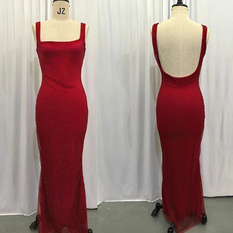 Giyu Sexy Sequined Mesh Diamond Club Evening Party Dresses Women 2025 Summer Autumn Sleeveless Backless Bodycon Maxi Long Dress