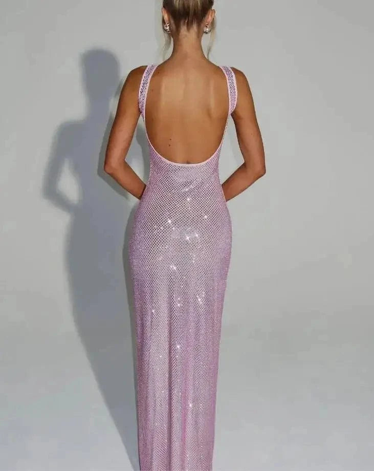 Giyu Sexy Sequined Mesh Diamond Club Evening Party Dresses Women 2025 Summer Autumn Sleeveless Backless Bodycon Maxi Long Dress