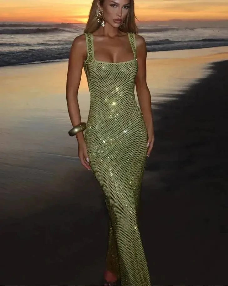 Giyu Sexy Sequined Mesh Diamond Club Evening Party Dresses Women 2025 Summer Autumn Sleeveless Backless Bodycon Maxi Long Dress
