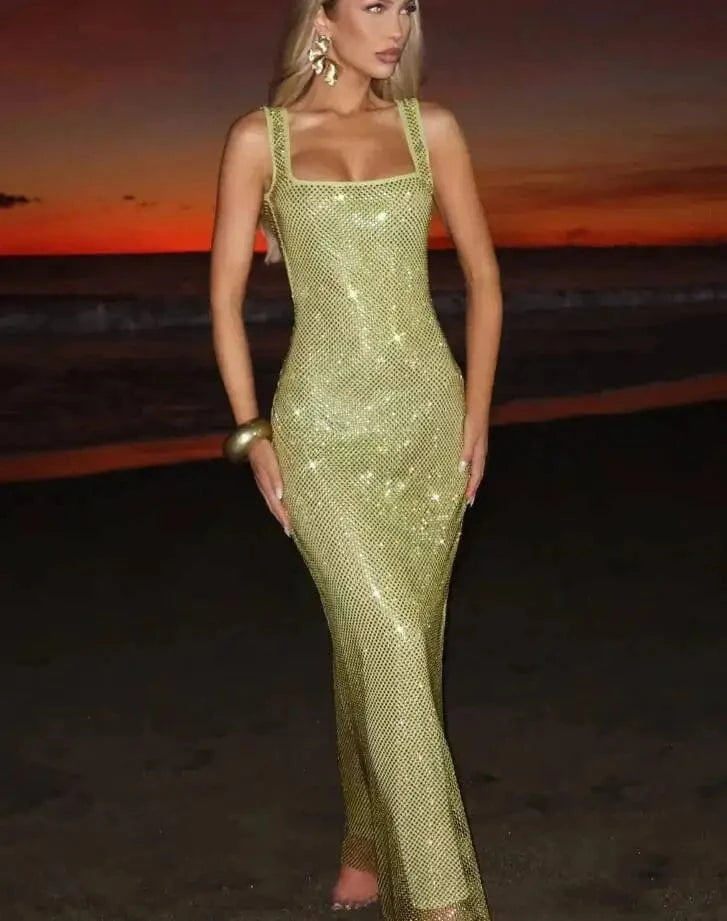 Giyu Sexy Sequined Mesh Diamond Club Evening Party Dresses Women 2025 Summer Autumn Sleeveless Backless Bodycon Maxi Long Dress