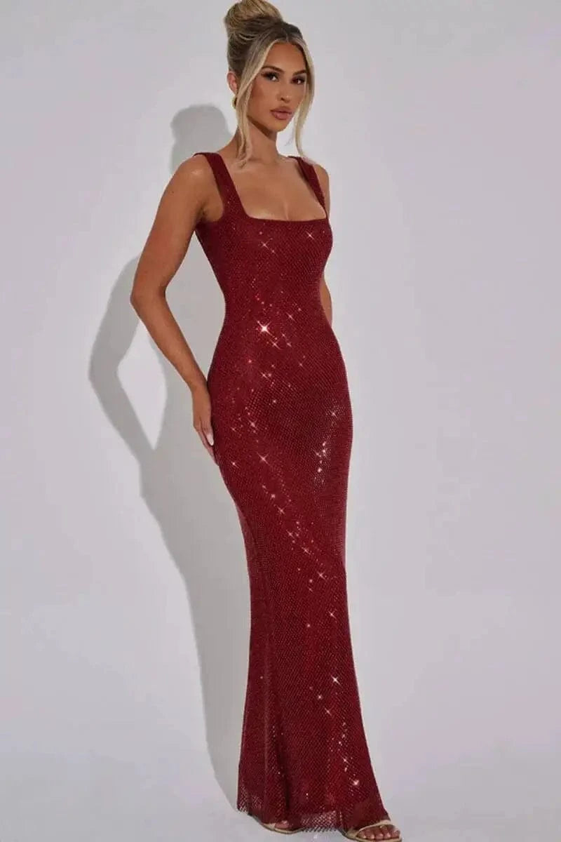 Giyu Sexy Sequined Mesh Diamond Club Evening Party Dresses Women 2025 Summer Autumn Sleeveless Backless Bodycon Maxi Long Dress