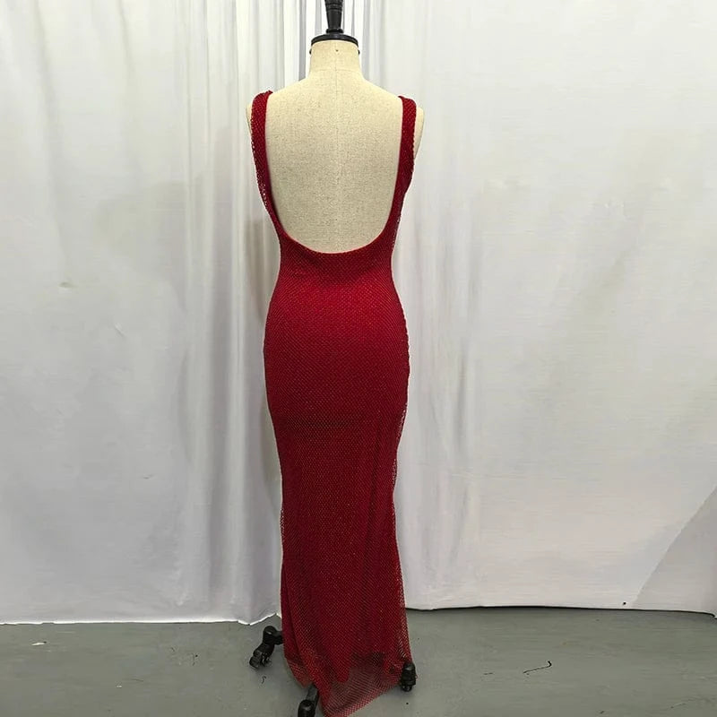 Giyu Sexy Sequined Mesh Diamond Club Evening Party Dresses Women 2025 Summer Autumn Sleeveless Backless Bodycon Maxi Long Dress