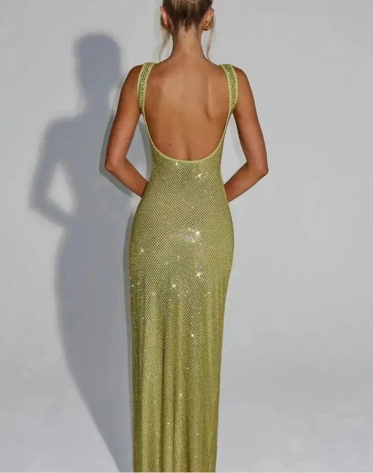 Giyu Sexy Sequined Mesh Diamond Club Evening Party Dresses Women 2025 Summer Autumn Sleeveless Backless Bodycon Maxi Long Dress