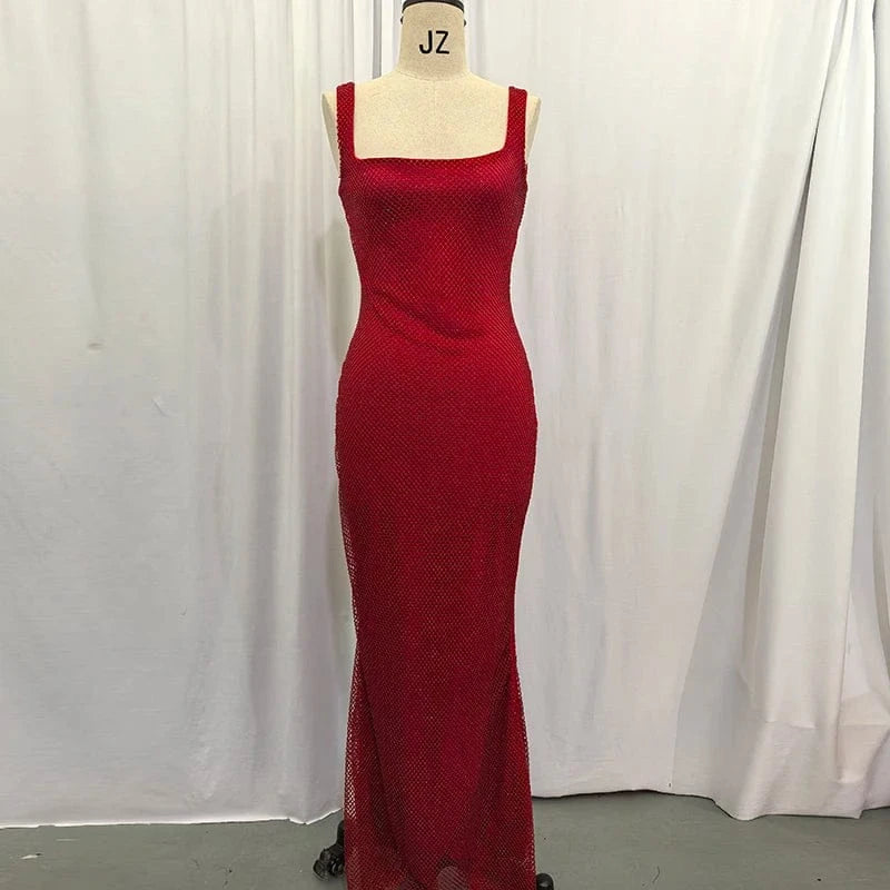 Giyu Sexy Sequined Mesh Diamond Club Evening Party Dresses Women 2025 Summer Autumn Sleeveless Backless Bodycon Maxi Long Dress