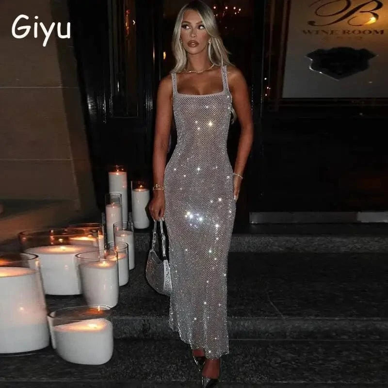 Giyu Sexy Sequined Mesh Diamond Club Evening Party Dresses Women 2025 Summer Autumn Sleeveless Backless Bodycon Maxi Long Dress