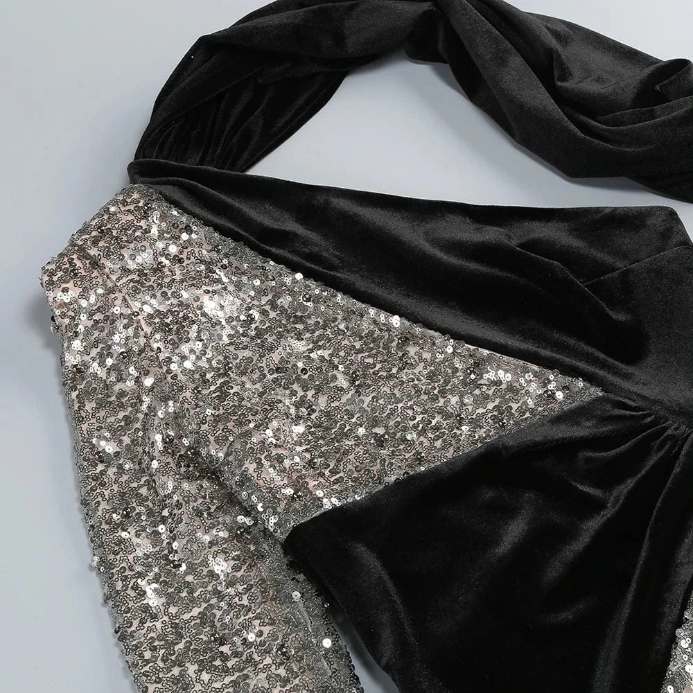 Glamorous Women's One Shoulder Black Velvet Sequin Maxi Dress High Slit a Fusion of Vintage Fashion for Red Carpet Events