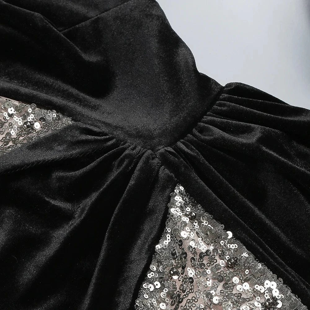 Glamorous Women's One Shoulder Black Velvet Sequin Maxi Dress High Slit a Fusion of Vintage Fashion for Red Carpet Events