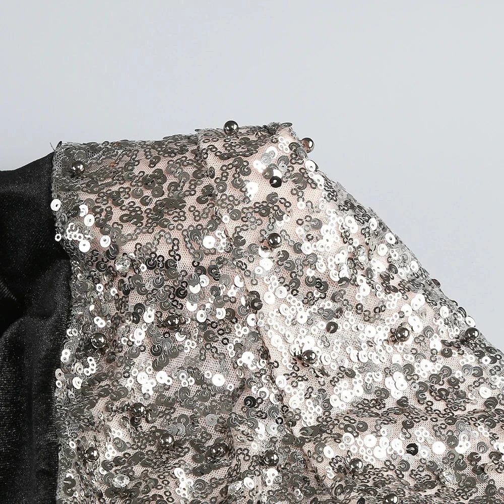 Glamorous Women's One Shoulder Black Velvet Sequin Maxi Dress High Slit a Fusion of Vintage Fashion for Red Carpet Events