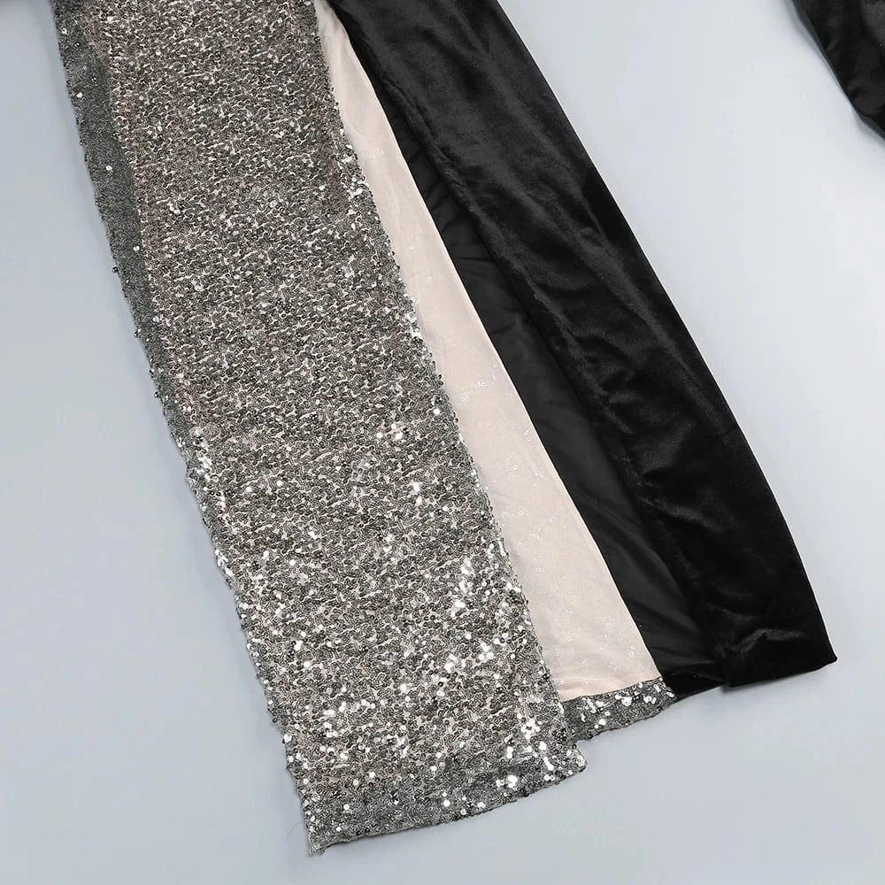 Glamorous Women's One Shoulder Black Velvet Sequin Maxi Dress High Slit a Fusion of Vintage Fashion for Red Carpet Events