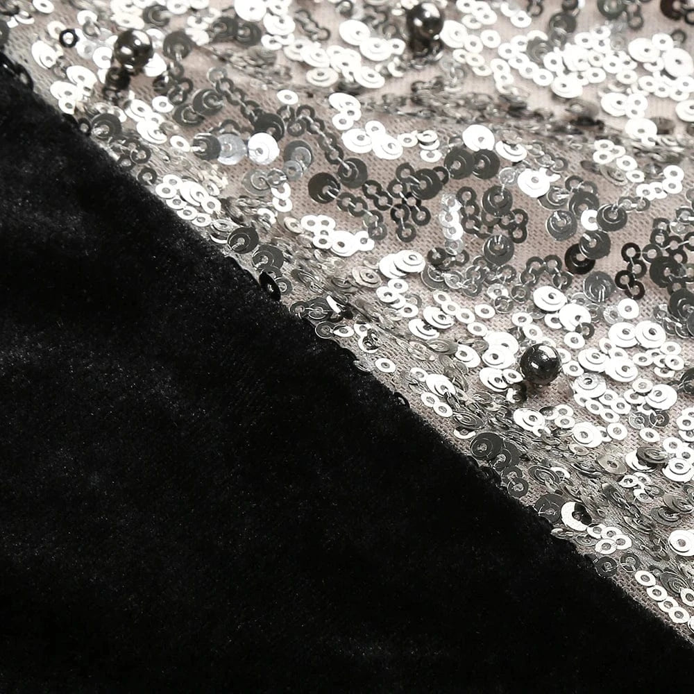 Glamorous Women's One Shoulder Black Velvet Sequin Maxi Dress High Slit a Fusion of Vintage Fashion for Red Carpet Events