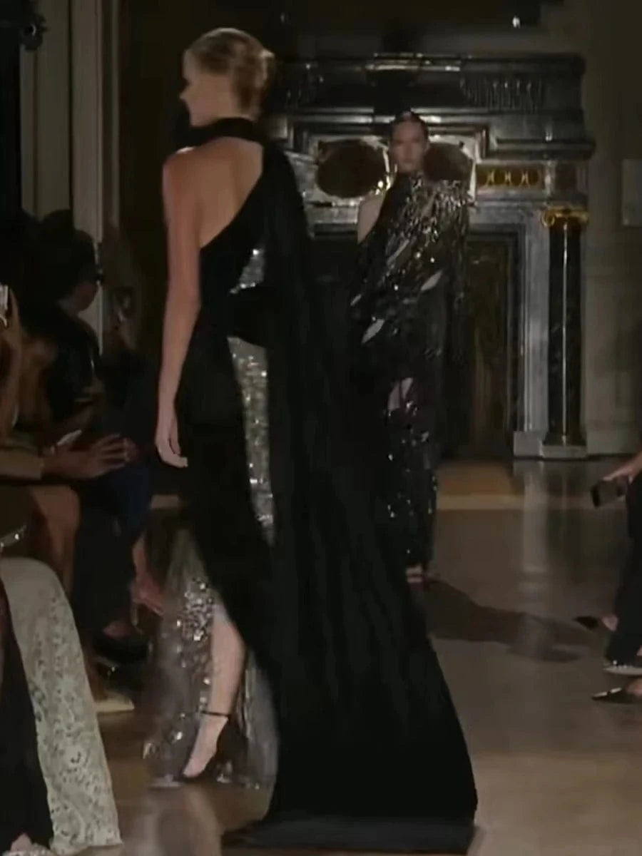 Glamorous Women's One Shoulder Black Velvet Sequin Maxi Dress High Slit a Fusion of Vintage Fashion for Red Carpet Events