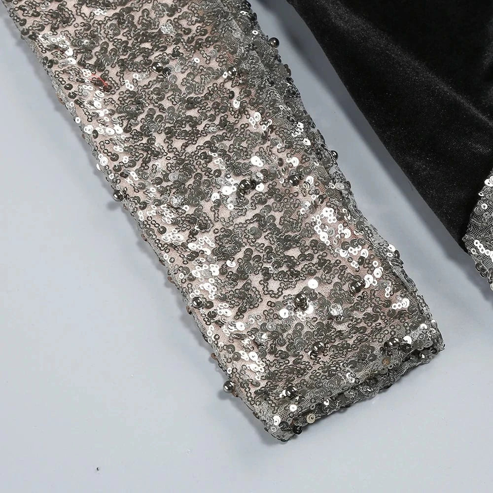 Glamorous Women's One Shoulder Black Velvet Sequin Maxi Dress High Slit a Fusion of Vintage Fashion for Red Carpet Events