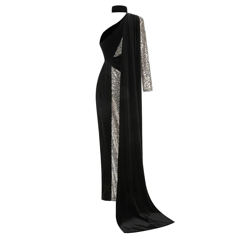 Glamorous Women's One Shoulder Black Velvet Sequin Maxi Dress High Slit a Fusion of Vintage Fashion for Red Carpet Events
