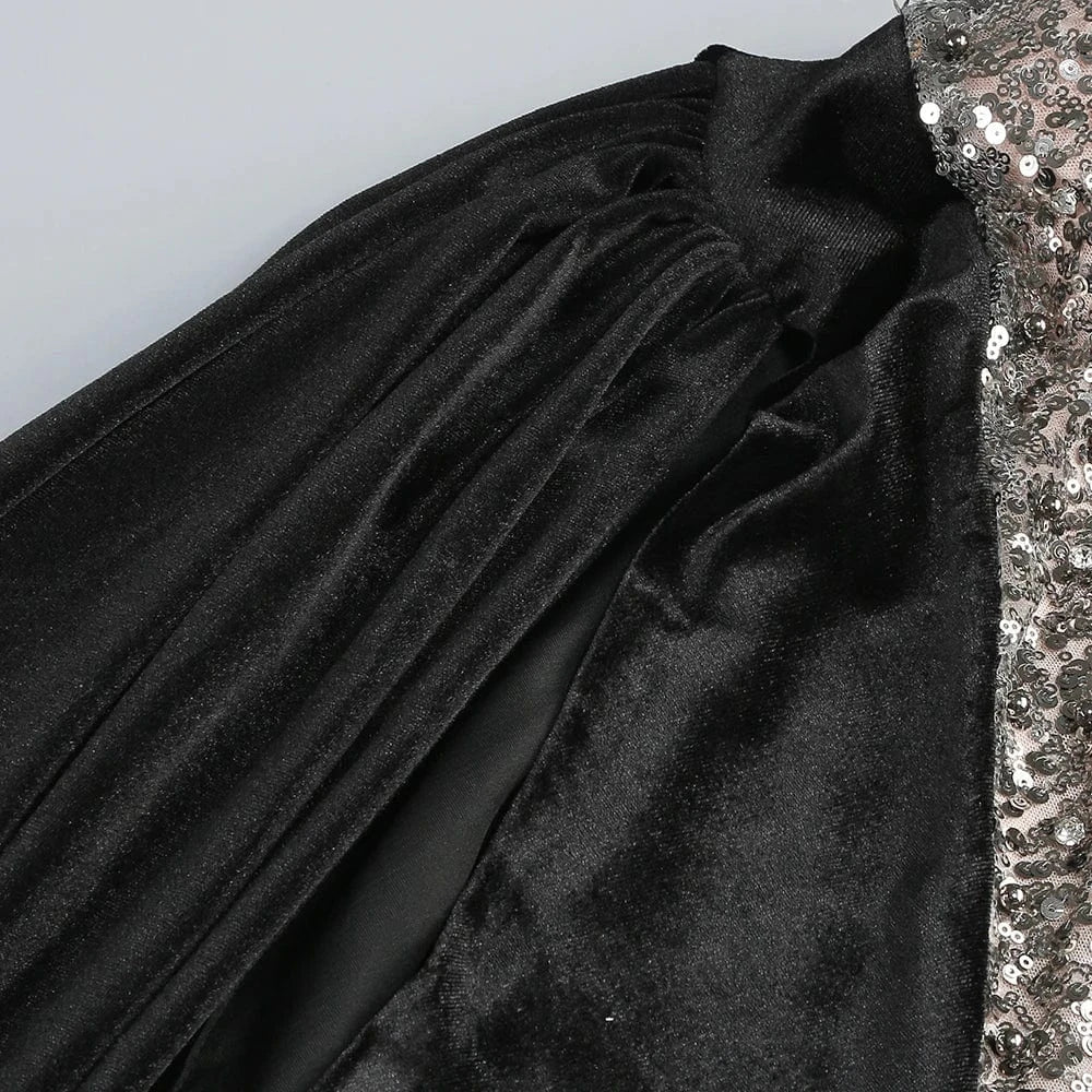 Glamorous Women's One Shoulder Black Velvet Sequin Maxi Dress High Slit a Fusion of Vintage Fashion for Red Carpet Events