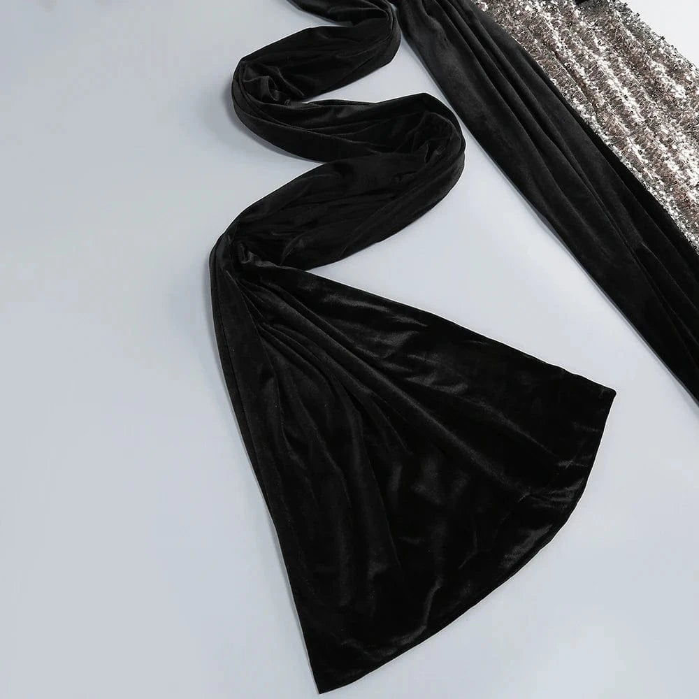 Glamorous Women's One Shoulder Black Velvet Sequin Maxi Dress High Slit a Fusion of Vintage Fashion for Red Carpet Events