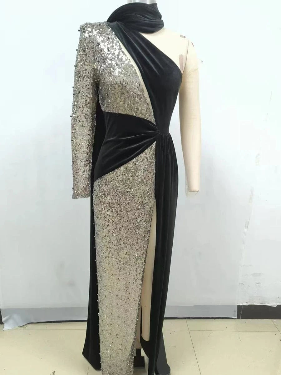 Glamorous Women's One Shoulder Black Velvet Sequin Maxi Dress High Slit a Fusion of Vintage Fashion for Red Carpet Events