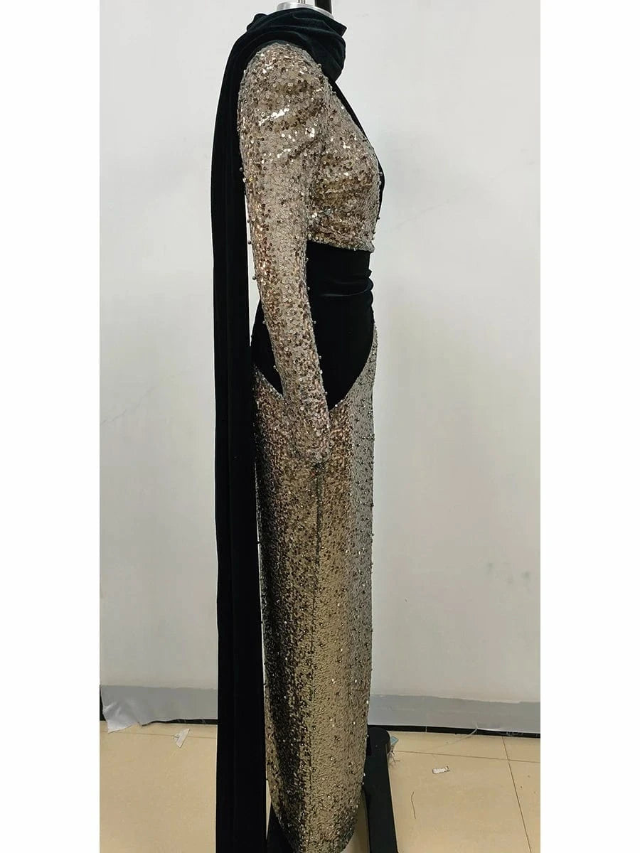 Glamorous Women's One Shoulder Black Velvet Sequin Maxi Dress High Slit a Fusion of Vintage Fashion for Red Carpet Events
