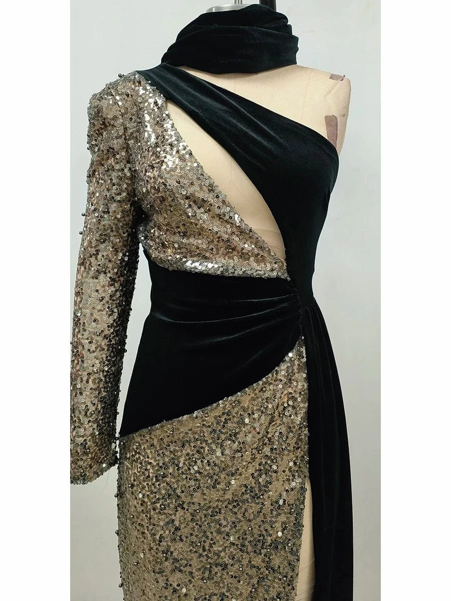 Glamorous Women's One Shoulder Black Velvet Sequin Maxi Dress High Slit a Fusion of Vintage Fashion for Red Carpet Events