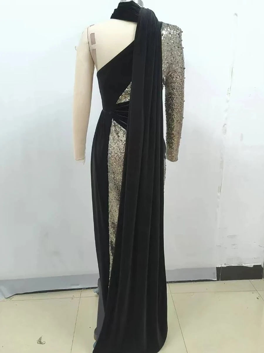 Glamorous Women's One Shoulder Black Velvet Sequin Maxi Dress High Slit a Fusion of Vintage Fashion for Red Carpet Events
