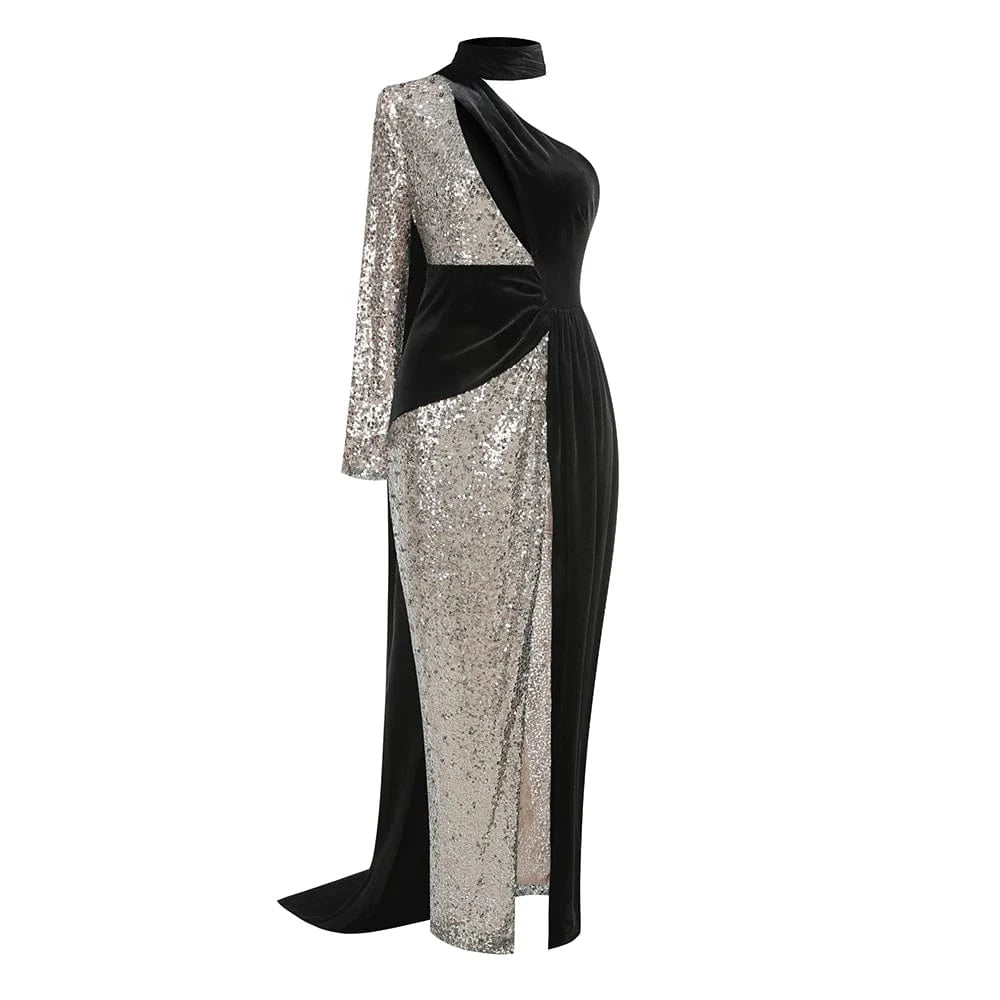 Glamorous Women's One Shoulder Black Velvet Sequin Maxi Dress High Slit a Fusion of Vintage Fashion for Red Carpet Events