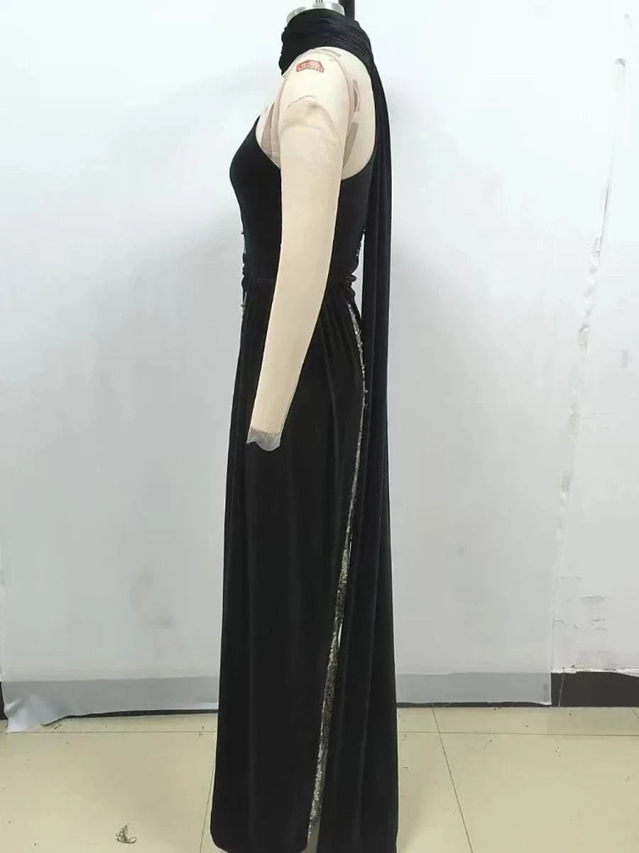 Glamorous Women's One Shoulder Black Velvet Sequin Maxi Dress High Slit a Fusion of Vintage Fashion for Red Carpet Events