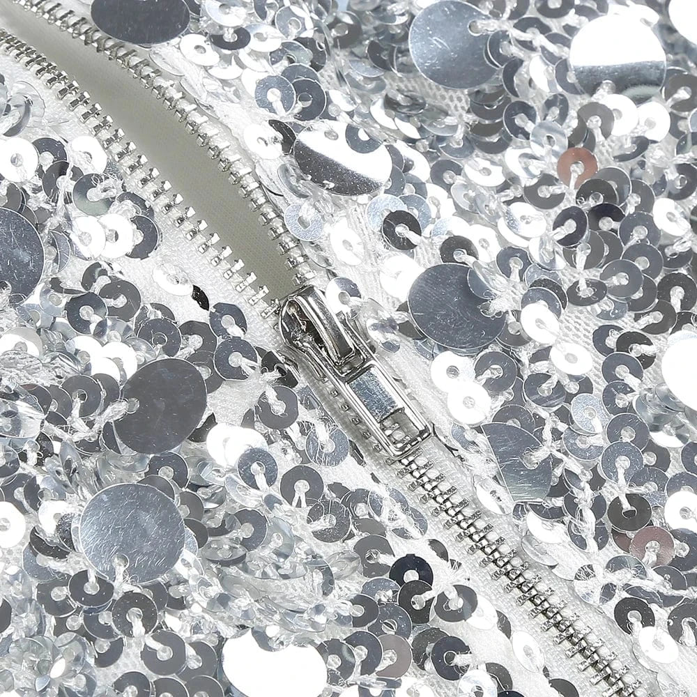 Glamorous Women's Silver Sequin High Neck Long Sleeve Mini Dress Sparkling Party Wear Fashionable Eye-catching Choice