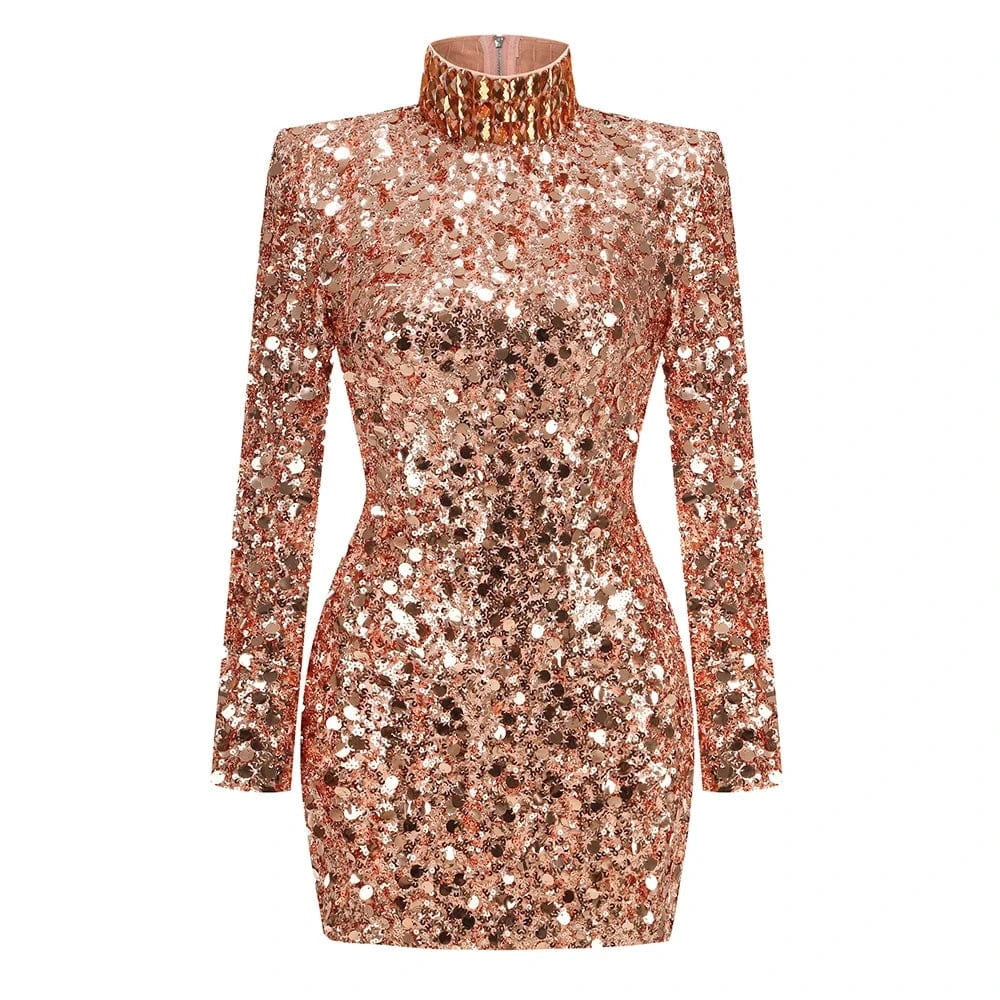 Glamorous Women's Silver Sequin High Neck Long Sleeve Mini Dress Sparkling Party Wear Fashionable Eye-catching Choice