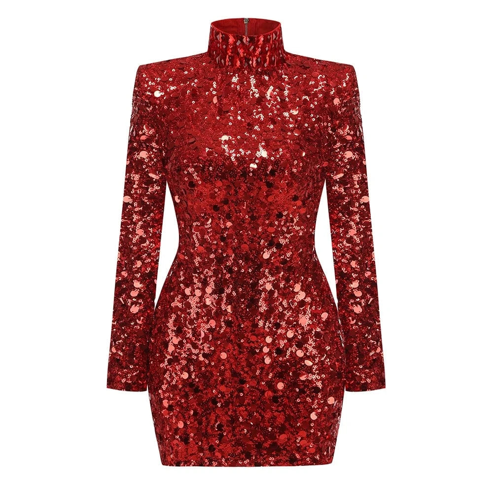 Glamorous Women's Silver Sequin High Neck Long Sleeve Mini Dress Sparkling Party Wear Fashionable Eye-catching Choice