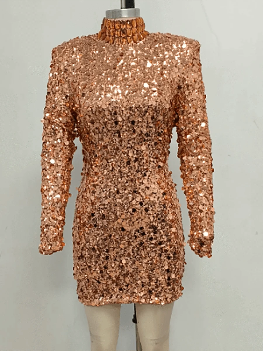 Glamorous Women's Silver Sequin High Neck Long Sleeve Mini Dress Sparkling Party Wear Fashionable Eye-catching Choice