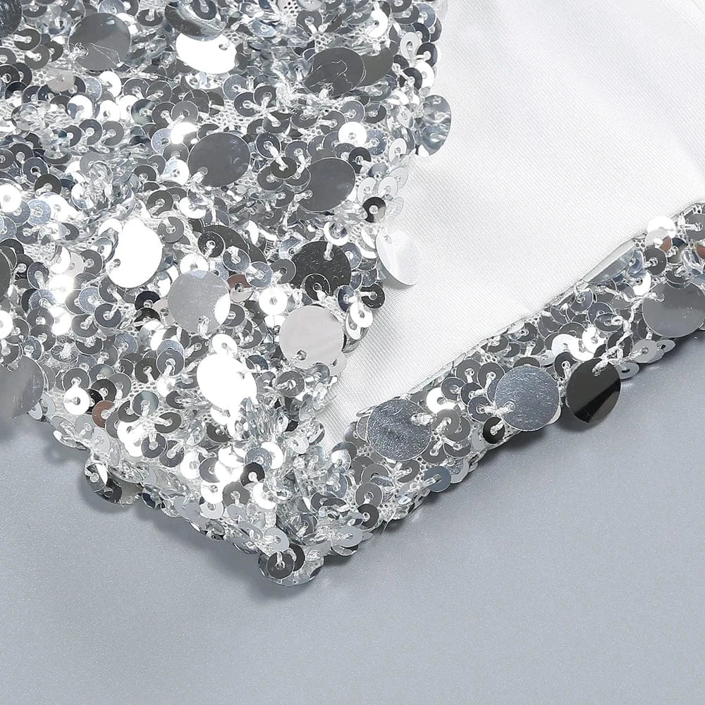 Glamorous Women's Silver Sequin High Neck Long Sleeve Mini Dress Sparkling Party Wear Fashionable Eye-catching Choice