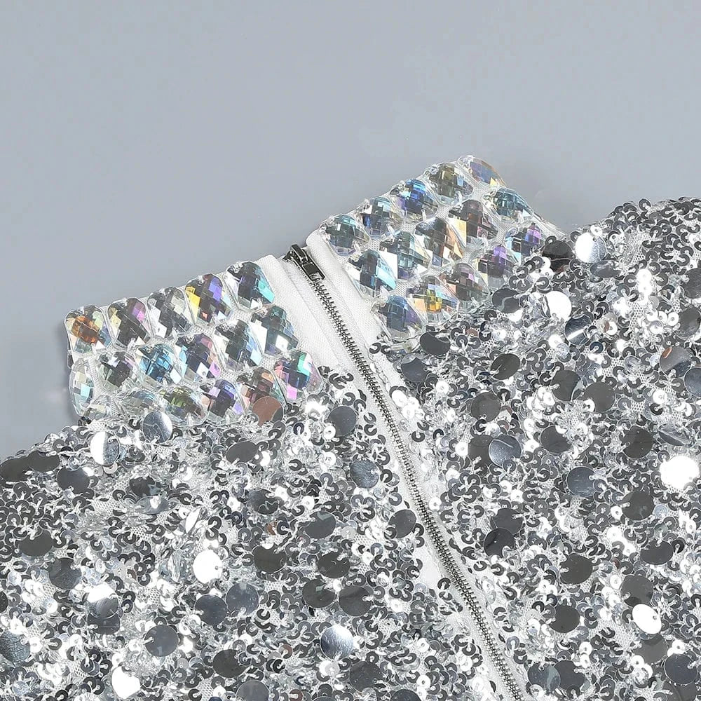 Glamorous Women's Silver Sequin High Neck Long Sleeve Mini Dress Sparkling Party Wear Fashionable Eye-catching Choice