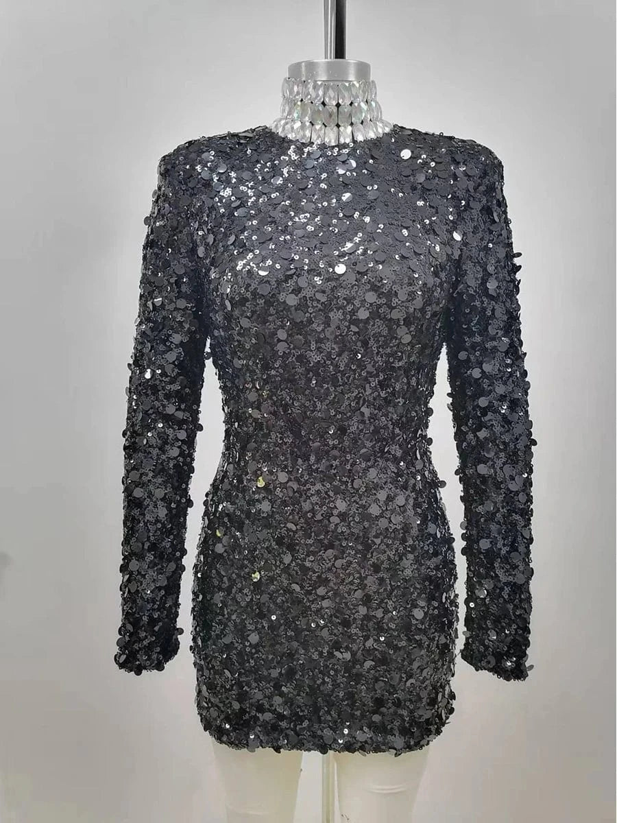 Glamorous Women's Silver Sequin High Neck Long Sleeve Mini Dress Sparkling Party Wear Fashionable Eye-catching Choice