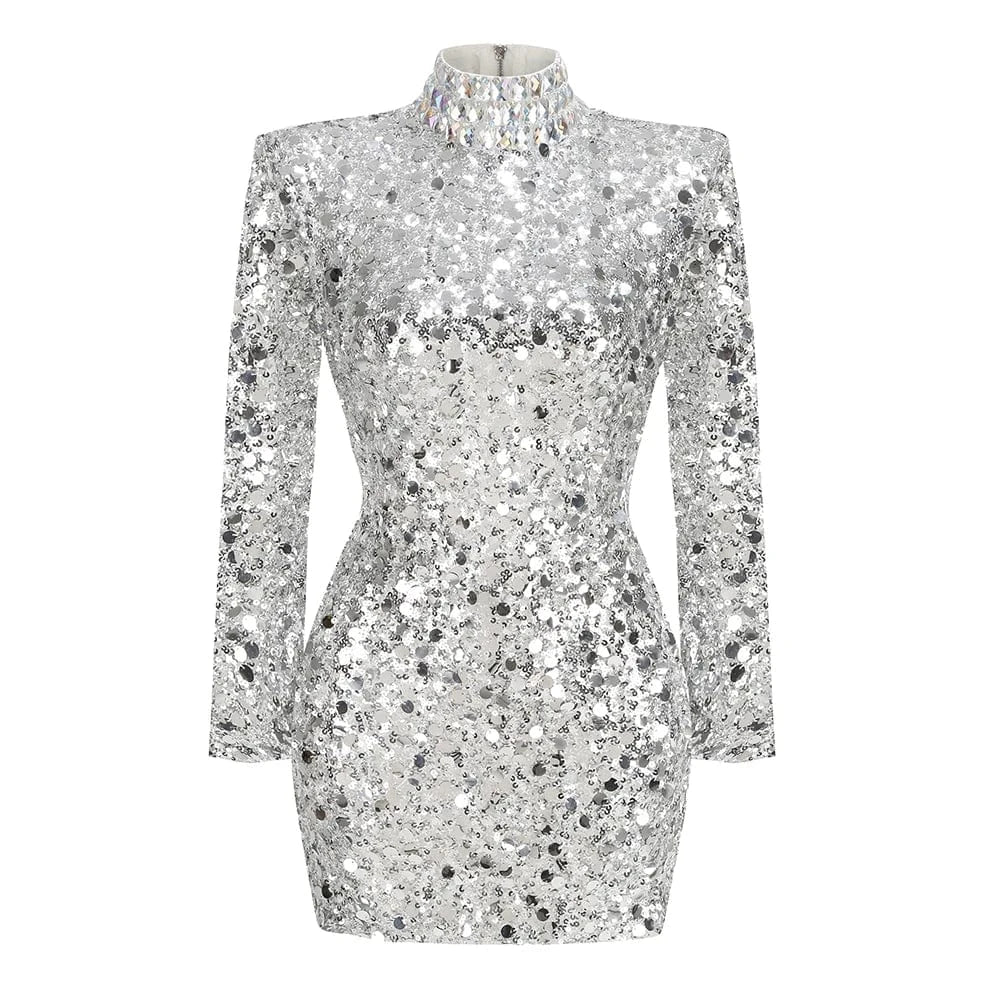 Glamorous Women's Silver Sequin High Neck Long Sleeve Mini Dress Sparkling Party Wear Fashionable Eye-catching Choice