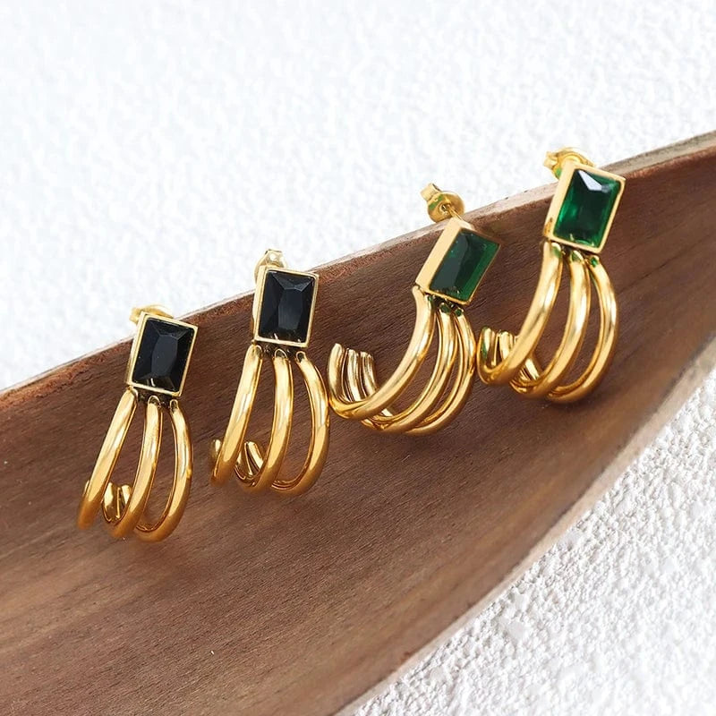 Glass Stone Fashion Earrings Emerald Stud Earrings 18k Gold Plated Hypoallergenic Jewelry Wholesale