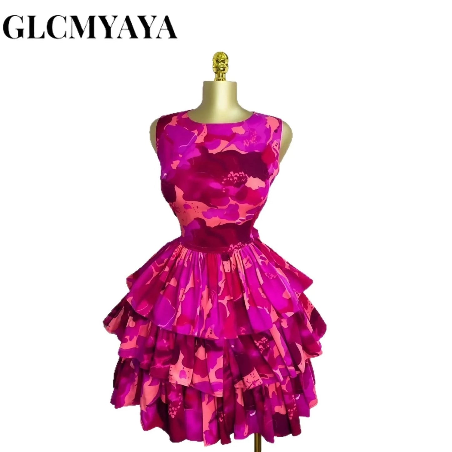 GLCMYAYA Women Floral Printed Sleeveless Cascading Ruffles Big Swing Ball Gown Dress 2025 Beach Vacation Holiday Vestido Dresses