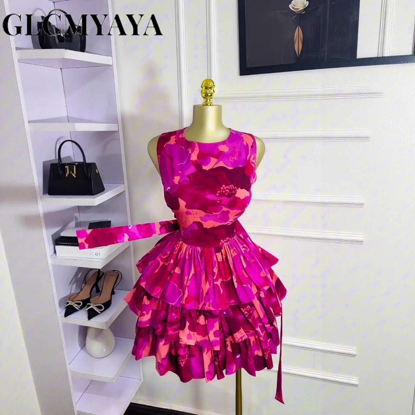 GLCMYAYA Women Floral Printed Sleeveless Cascading Ruffles Big Swing Ball Gown Dress 2025 Beach Vacation Holiday Vestido Dresses